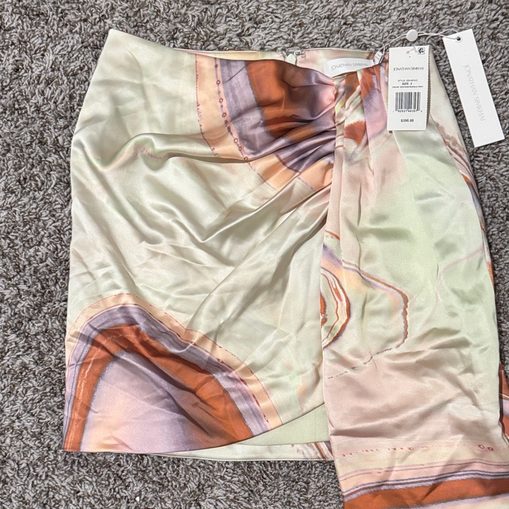 Jonathan Simkhai Mae Draped Mini Skirt SEAFOAM MARBLE PRINT Size 2 - Picture 4 of 5